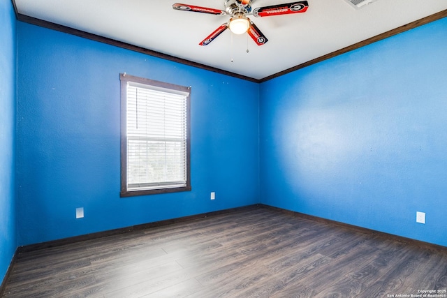 unfurnished room featuring visible vents, baseboards, ceiling fan, and wood finished floors