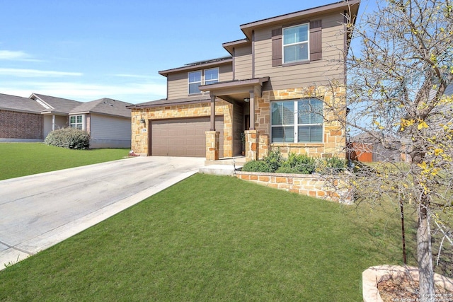 view of front facade featuring stone siding, a garage, concrete driveway, and a front yard