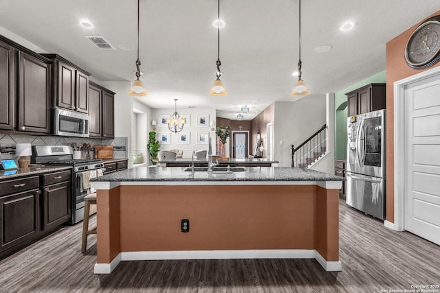 kitchen featuring a center island with sink, visible vents, a sink, stainless steel appliances, and backsplash