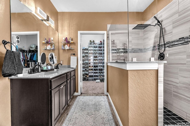 full bathroom featuring double vanity, a walk in shower, a walk in closet, and a sink