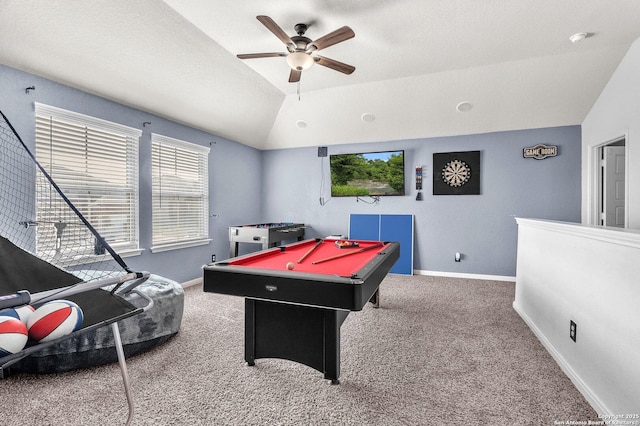 rec room with pool table, ceiling fan, baseboards, lofted ceiling, and carpet floors