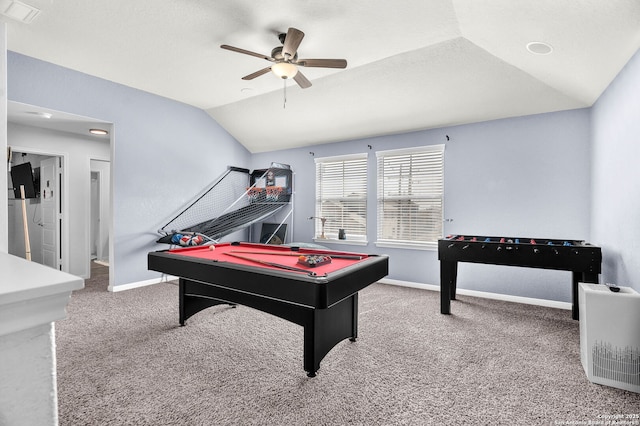 game room featuring baseboards, carpet flooring, and vaulted ceiling