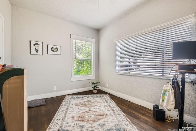 home office featuring dark wood finished floors, baseboards, and a textured ceiling