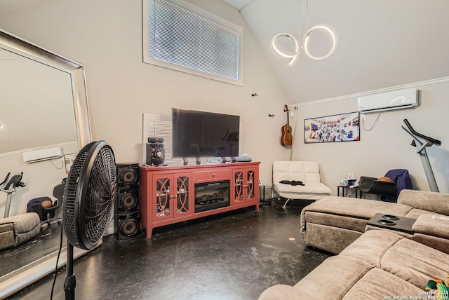 living room with high vaulted ceiling, concrete floors, and a wall unit AC