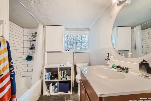 bathroom featuring toilet, vanity, and shower / bathtub combination with curtain