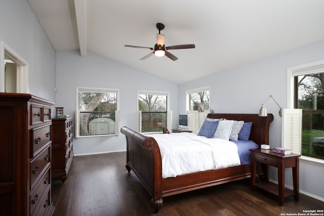 bedroom with dark wood-style floors, ceiling fan, lofted ceiling with beams, and baseboards