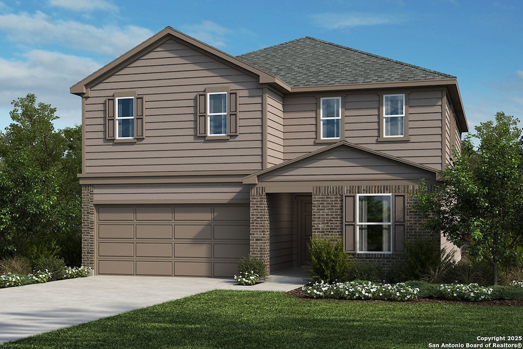 view of front of property featuring brick siding, a front yard, roof with shingles, a garage, and driveway