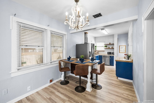 office area featuring visible vents, baseboards, light wood-style floors, and a notable chandelier