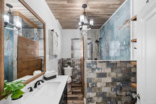 full bath with tile walls, wood ceiling, a healthy amount of sunlight, and toilet