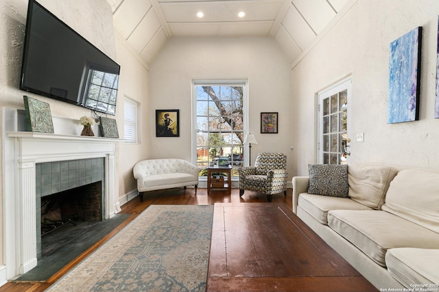 living room with wood finished floors, a fireplace, and vaulted ceiling