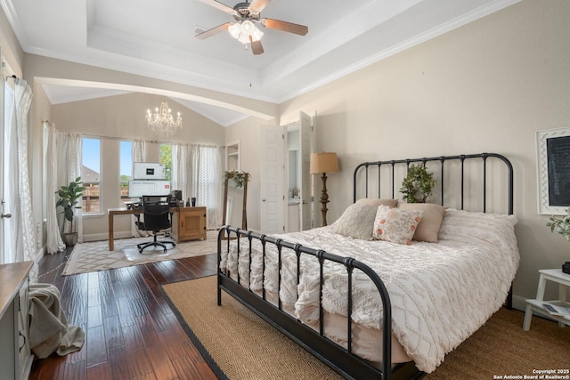 3234 Lilly Flower, San Antonio, TX 78253 - bedroom featuring baseboards, a notable chandelier, crown molding, wood-type flooring, and lofted ceiling