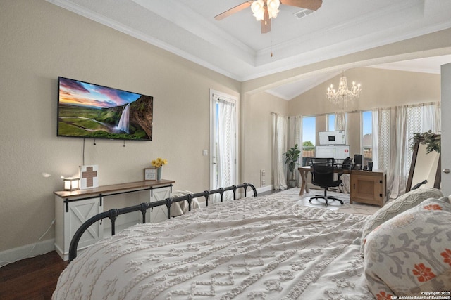 3234 Lilly Flower, San Antonio, TX 78253 - bedroom with an inviting chandelier, ornamental molding, visible vents, wood finished floors, and baseboards