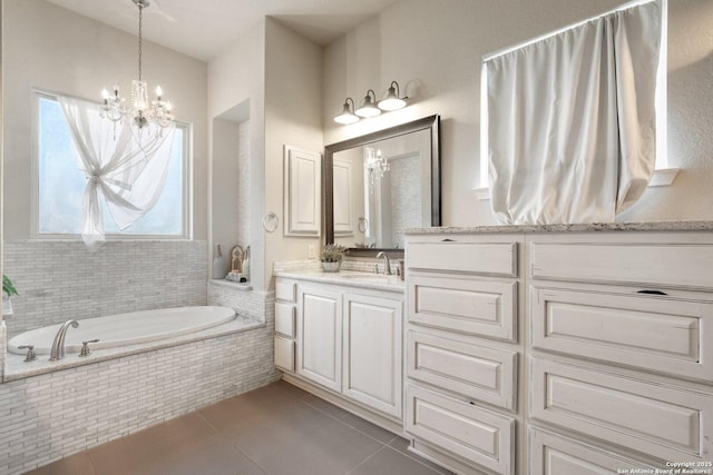 3234 Lilly Flower, San Antonio, TX 78253 - bathroom with a bath, tile patterned floors, an inviting chandelier, and vanity