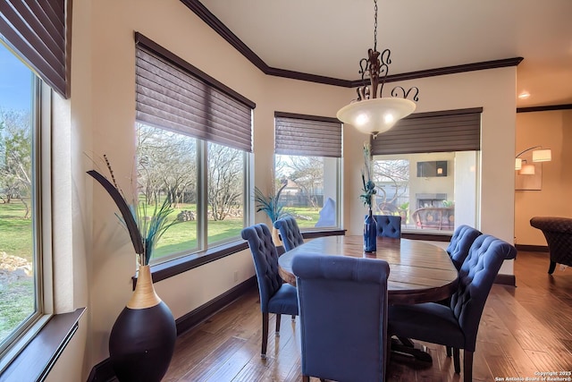 dining area featuring hardwood / wood-style floors, baseboards, and ornamental molding