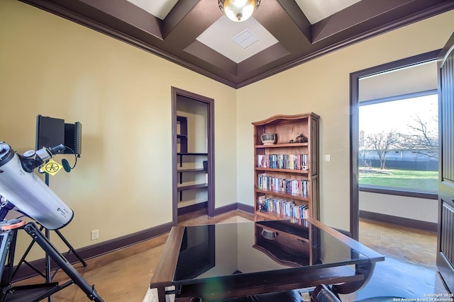 office with coffered ceiling, crown molding, and baseboards