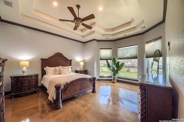 bedroom featuring visible vents, crown molding, ceiling fan, a tray ceiling, and recessed lighting