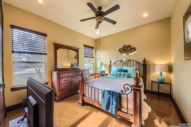 bedroom with recessed lighting, baseboards, and ceiling fan