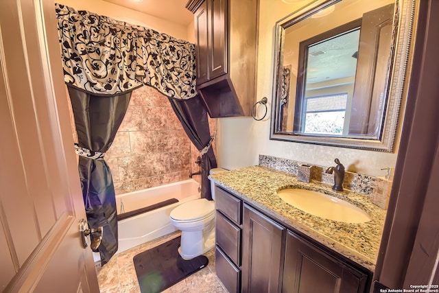 bathroom with shower / bathtub combination with curtain, toilet, and vanity