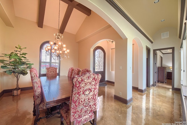 dining room featuring visible vents, baseboards, arched walkways, and a notable chandelier