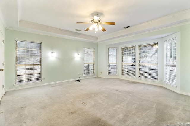 carpeted spare room featuring visible vents, a raised ceiling, baseboards, and ornamental molding