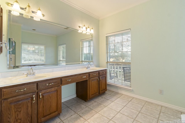 bathroom with tile patterned floors, ornamental molding, double vanity, and a sink