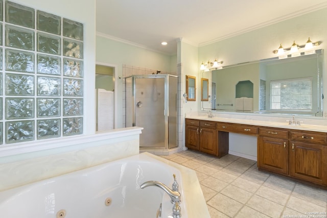 full bath with double vanity, a whirlpool tub, a shower stall, and crown molding