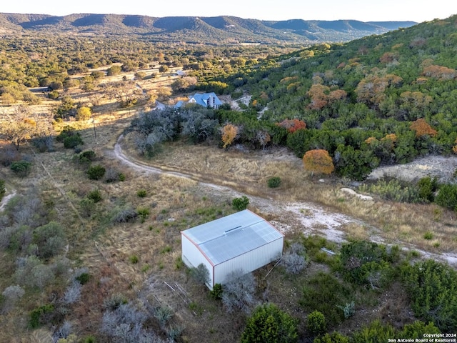 drone / aerial view featuring a view of trees and a mountain view