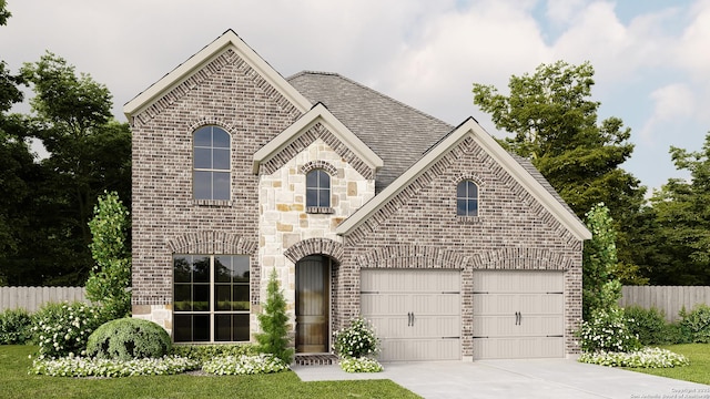 french country home with fence, brick siding, and driveway