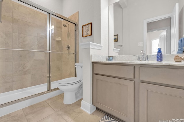 full bath with tile patterned floors, a shower stall, toilet, and vanity