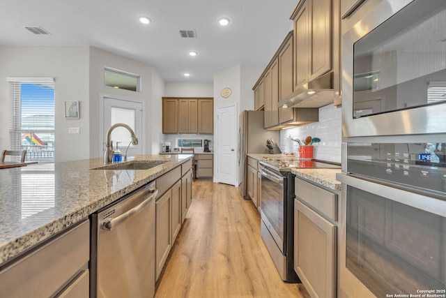 kitchen with light wood-type flooring, a sink, under cabinet range hood, tasteful backsplash, and appliances with stainless steel finishes