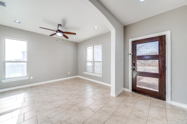 entrance foyer with visible vents, baseboards, light tile patterned floors, recessed lighting, and a ceiling fan