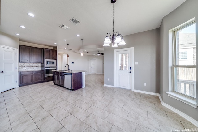 kitchen featuring visible vents, a sink, plenty of natural light, open floor plan, and stainless steel appliances