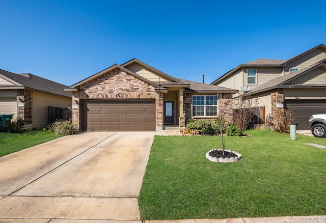 view of front facade with a front lawn, fence, concrete driveway, a garage, and brick siding