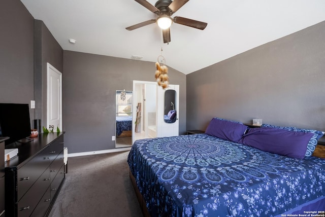 bedroom featuring baseboards, a ceiling fan, dark carpet, and vaulted ceiling