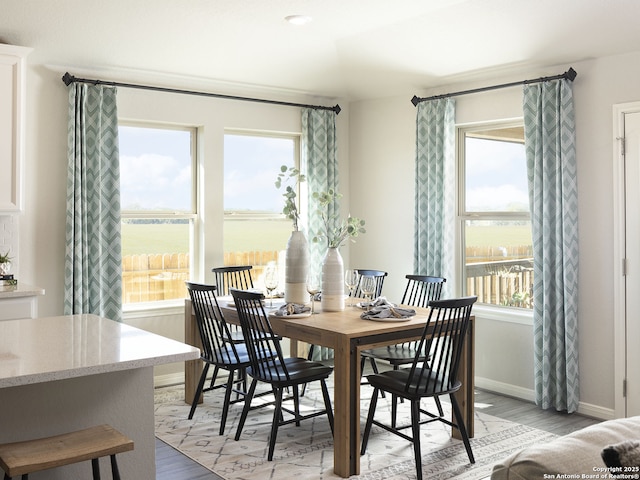 dining room with baseboards and light wood-type flooring