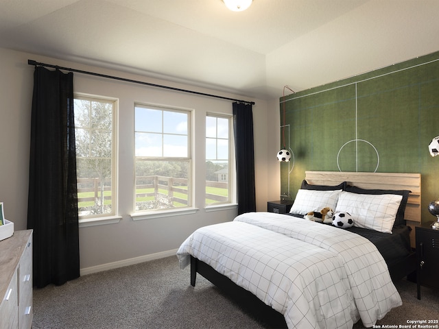 bedroom featuring multiple windows, baseboards, and carpet floors