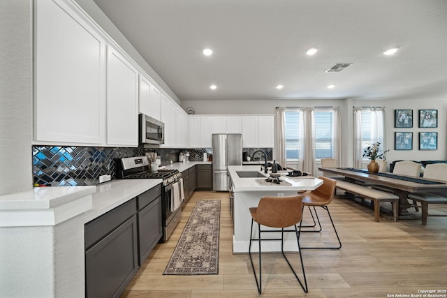 kitchen featuring visible vents, light wood-style flooring, gray cabinets, white cabinetry, and stainless steel appliances