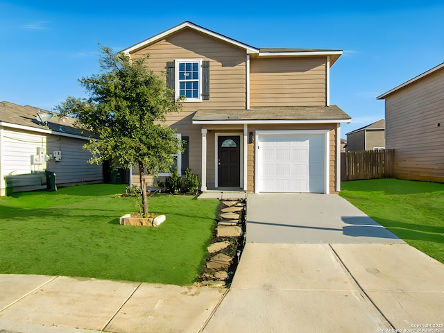 traditional-style house with an attached garage, concrete driveway, a front lawn, and fence