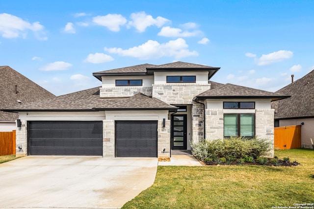 prairie-style home with a front yard, fence, driveway, roof with shingles, and stone siding