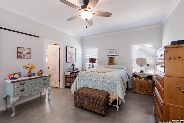 bedroom featuring concrete floors, a ceiling fan, and ornamental molding