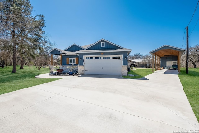 view of front of home with stone siding, board and batten siding, concrete driveway, and a front yard