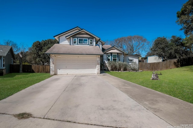 view of front of property featuring a front yard, fence, and stone siding