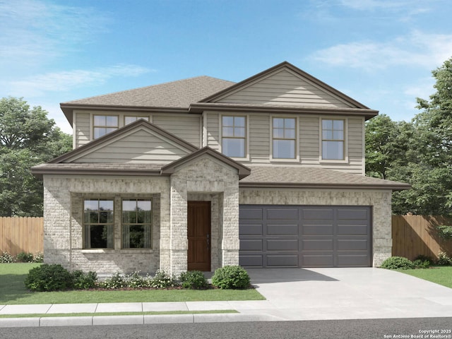 view of front facade featuring a garage, a shingled roof, driveway, and fence