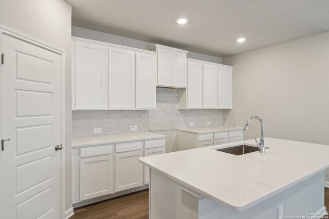 11583 Cottage Pt, San Antonio, TX 78254 - kitchen with a sink, backsplash, and white cabinetry