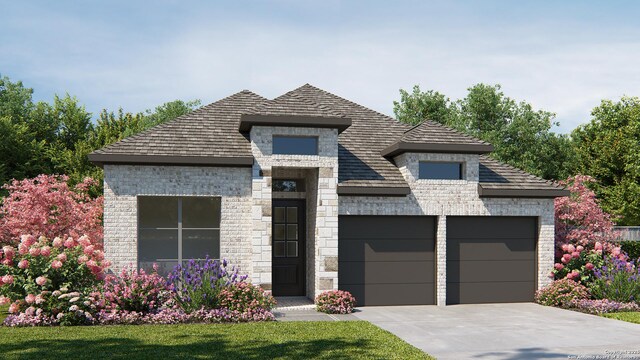 12941 Gilmore Bnd, San Antonio, TX 78245 - french country home with a front lawn, an attached garage, brick siding, and driveway