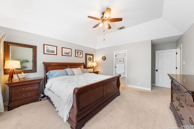 bedroom with visible vents, light carpet, baseboards, ceiling fan, and vaulted ceiling