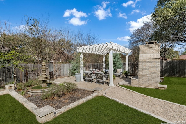 view of yard featuring a patio, a fenced backyard, and a pergola