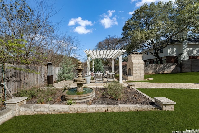 view of yard with a pergola and a fenced backyard