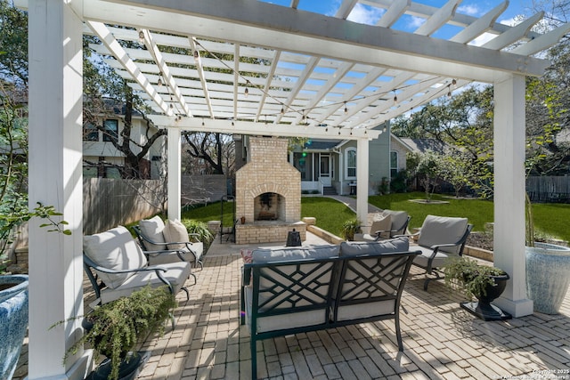 view of patio featuring an outdoor living space with a fireplace, a pergola, and fence