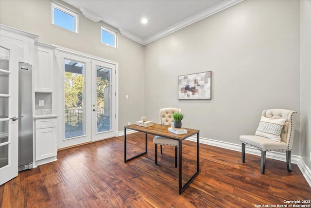 office space with french doors, baseboards, dark wood-type flooring, and crown molding